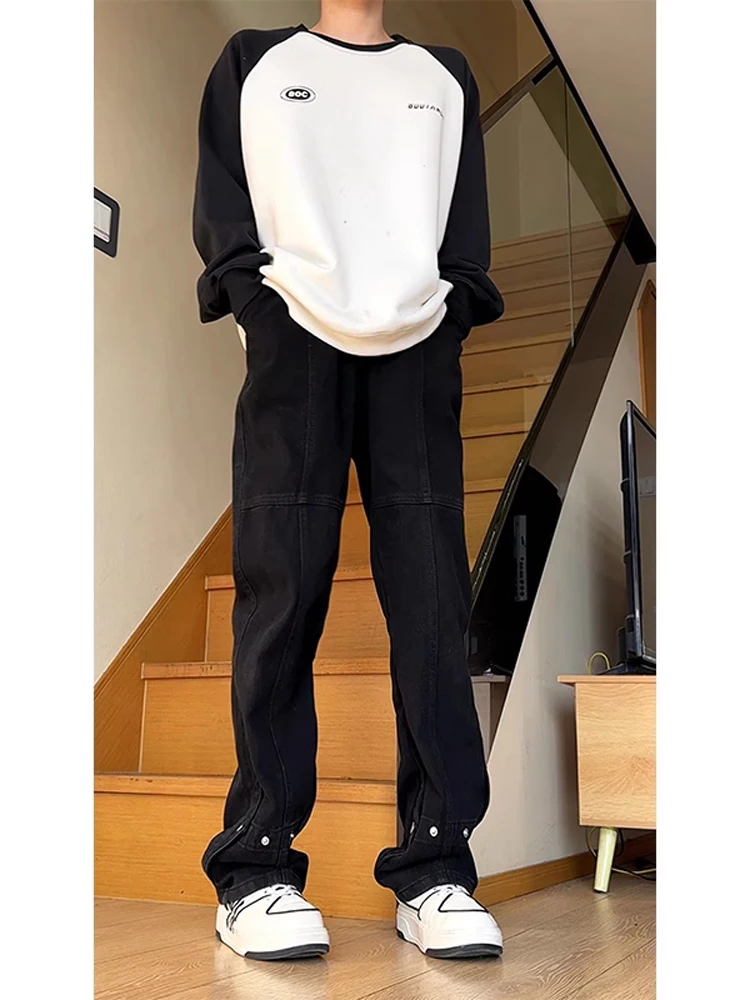 

American High Street Vibe Men's Denim Pants Autumn Winter Workwear Logging Sle Thiened Jeans Low Waist Zipper Closure