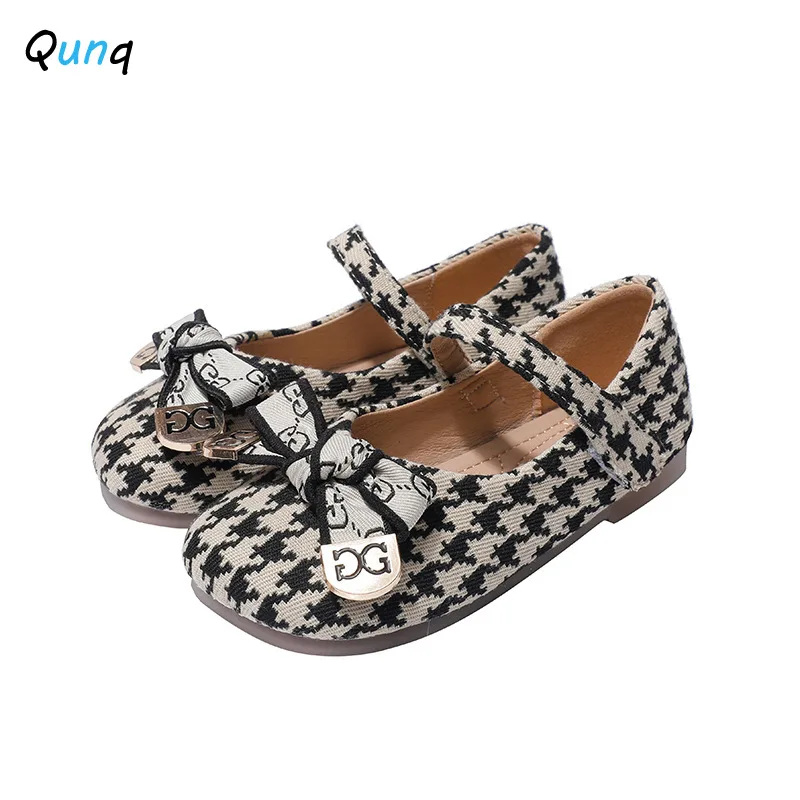 Qunq Girl Princess 2024 Spring and Autumn New Checkered Children\'s Bow Soft Bottom Sweet Bean Shoes 3T-8T