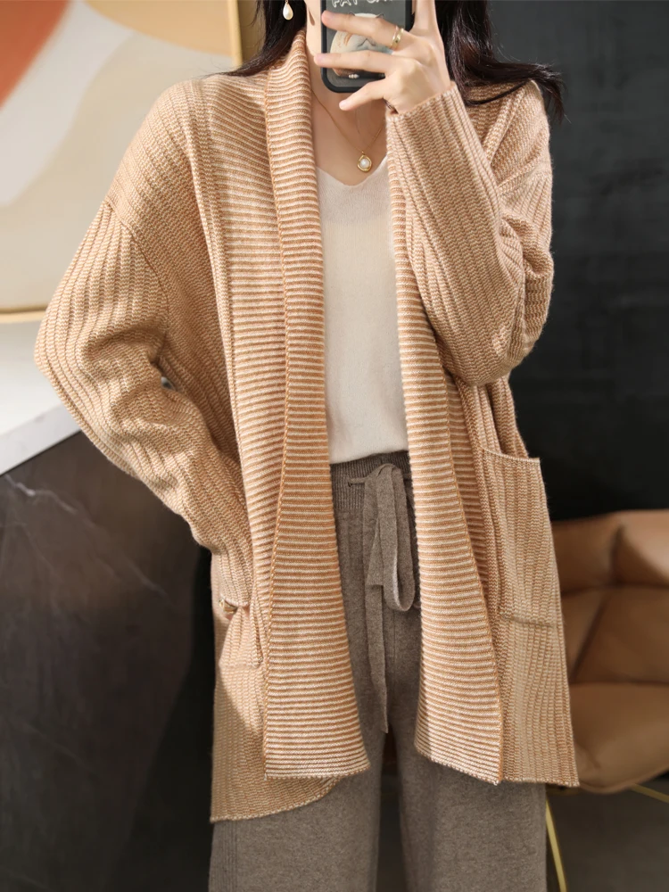 

Autumn/Winter New 100% Wool Cardigan Sweater Women's Loose Large Size Knit Long Sleeve Coat Medium Length Jacket Female Clothing