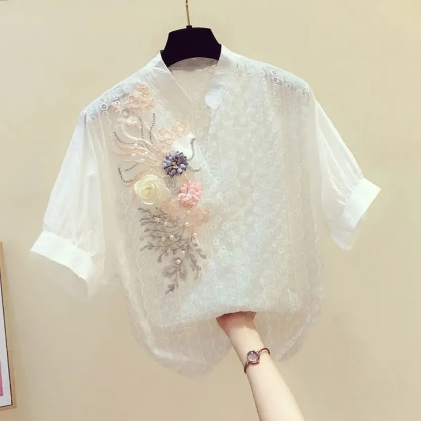 Cotton Short Sleeve White Shirt Blouse Women\'s 2023 Summer Art Embroidery Flower V-Neck Loose Top