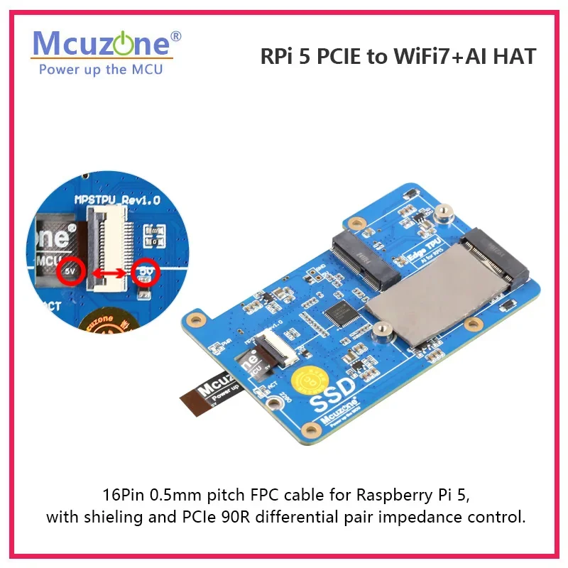 MPWAI, Raspberry Pi 5 PCIE a WiFi7+AI HAT, AI para RPi5 (Hailo-8), WiFi7 (BE200), compatible con sistema operativo RPi