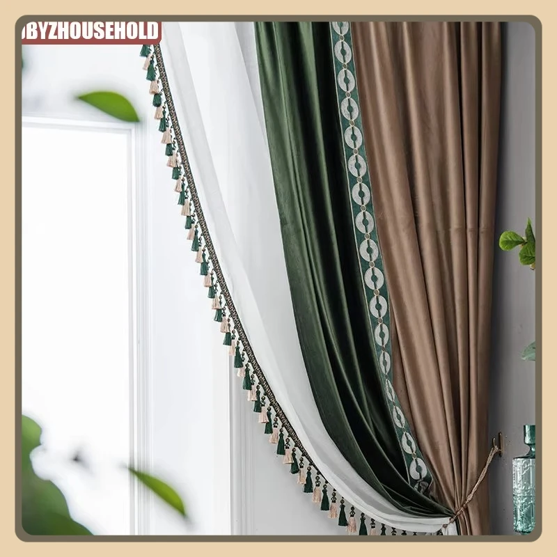 New Chinese Style Jade Lace Stitching Curtains for Living Room Bedroom Customized Flannel Blackout  Floor Floating High-grade