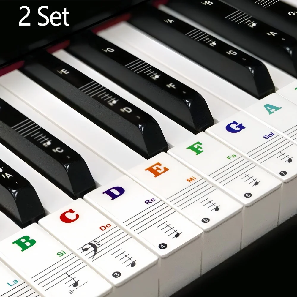2 Sets of Piano Keyboard Stickers 88/61/54/49 Keys with Removable Colored Note Labels Beginner Letter Piano Stickers