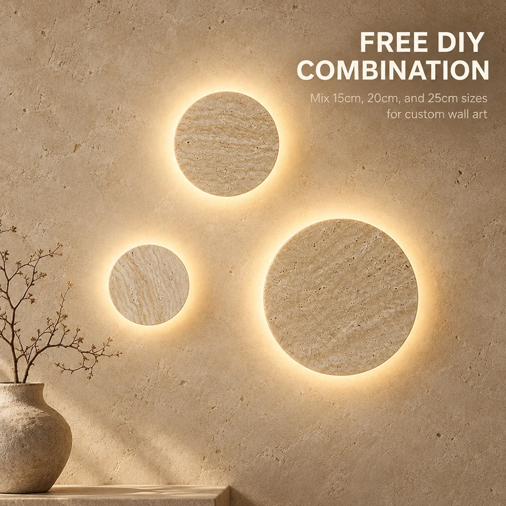 Natural Yellow Travertine LED Wall Light Round Wabi Sabi Wall Sconce 3000K Warm White 15/20/25cm Modern Indoor Lamp for Bedroom