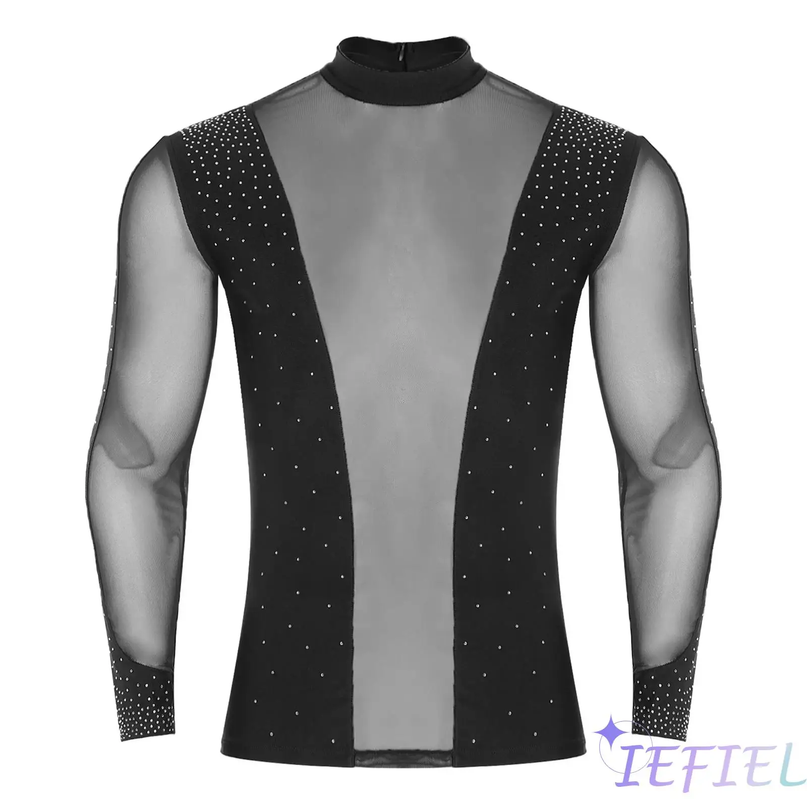 

Men Latin Dance Top Sheer Mesh Patchwork Shiny Rhinestone Mock Neck Long Sleeve T-shirt Lyrical Ballet Tango Latin Dance Costume