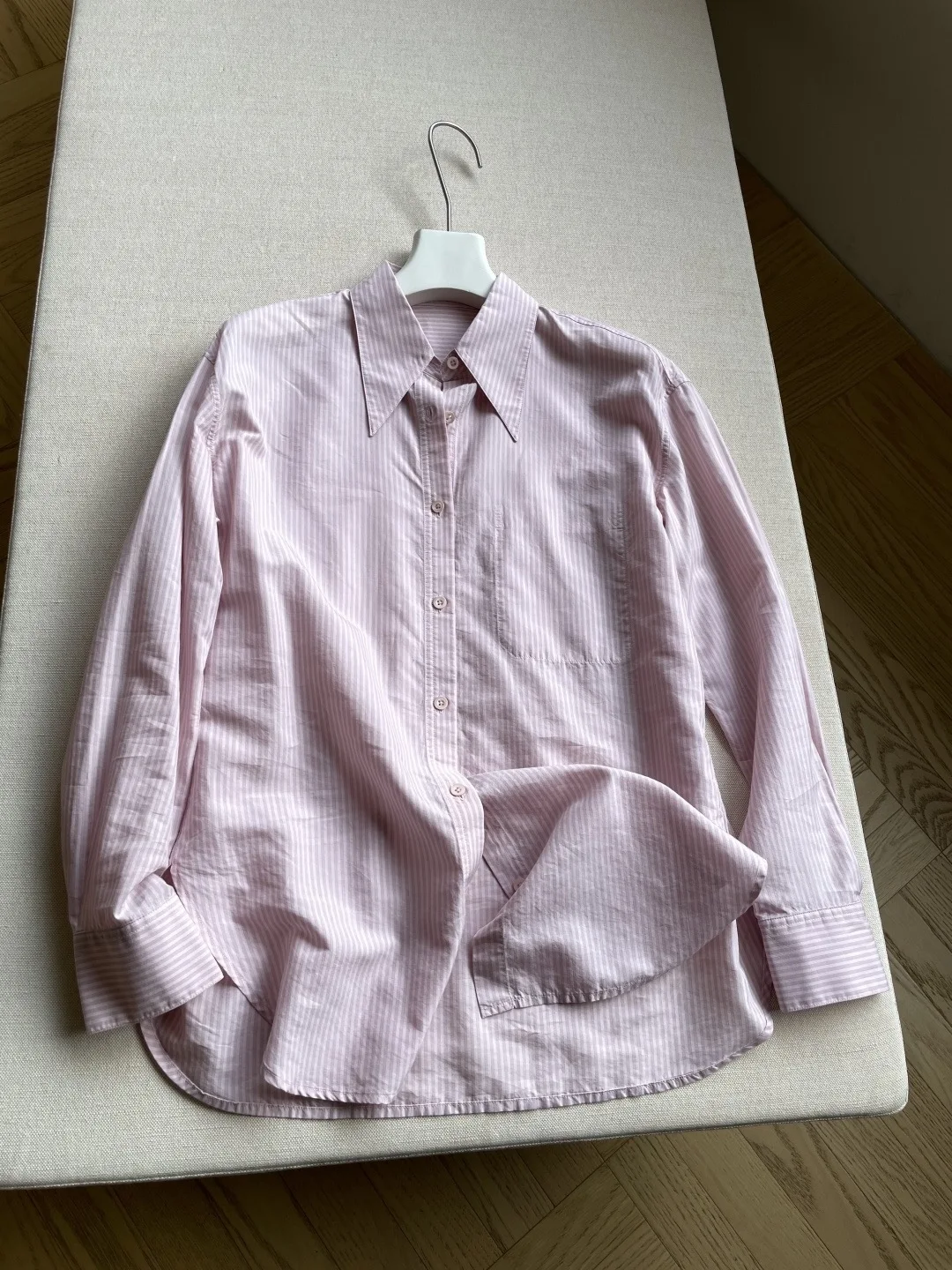 Women Soft Cupro‑cotton Yarn‑dyed Pink White Stripe Shirt, Single Patch Pocket Drop Shoulder Long Sleeve Loose Mid‑length Point