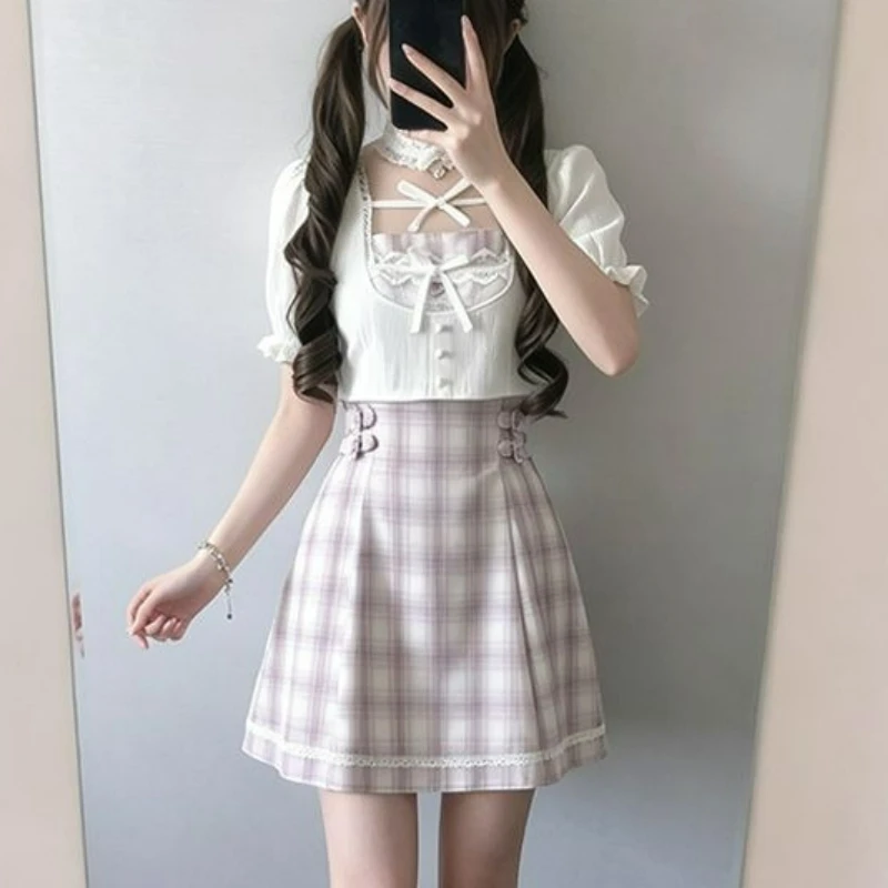 Japanese Sweet Lolita Style Dress Set Women Cute Square Neck Bow Short Top Purple Plaid Mini Dress Suit Kawaii Y2k Matching Sets