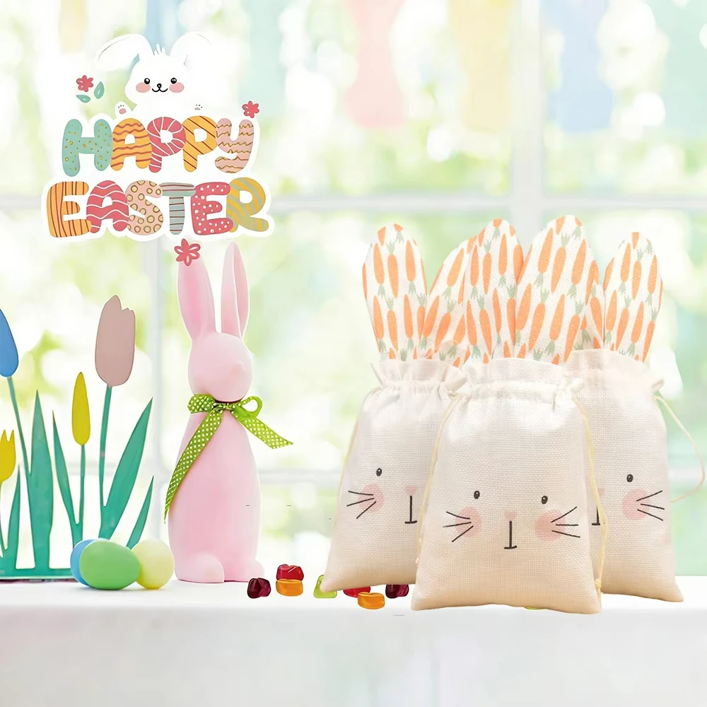 

Easter Bunny Treat Bags Cute Rabbit Drawstring Reusable Goodie Bag for Kids Easter Gifts Bunny Theme Baby Shower Favors Supplies