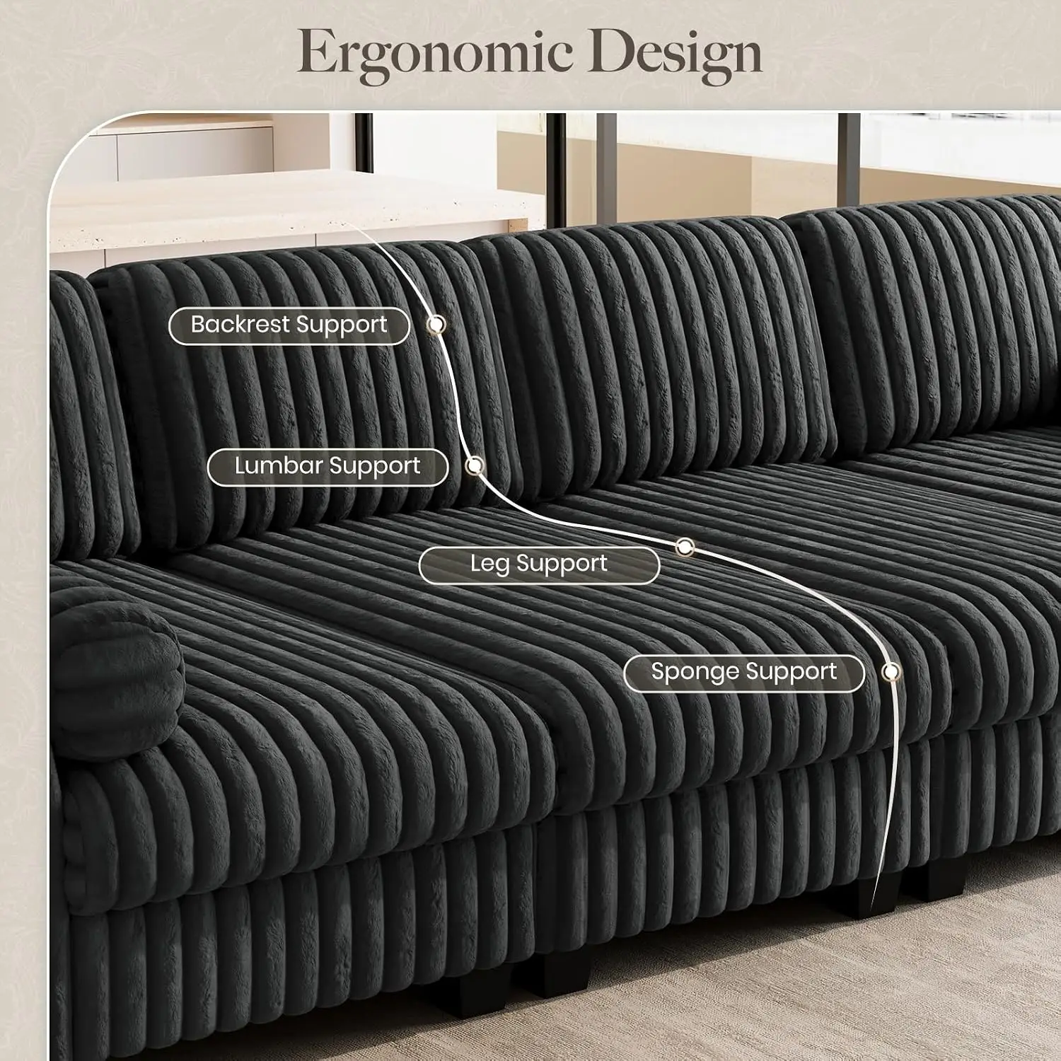 Plush Corduroy Sectional Sleeper Sofa with Deep Seat Modular Cloud Sofa for Living Room, Grey, Customized