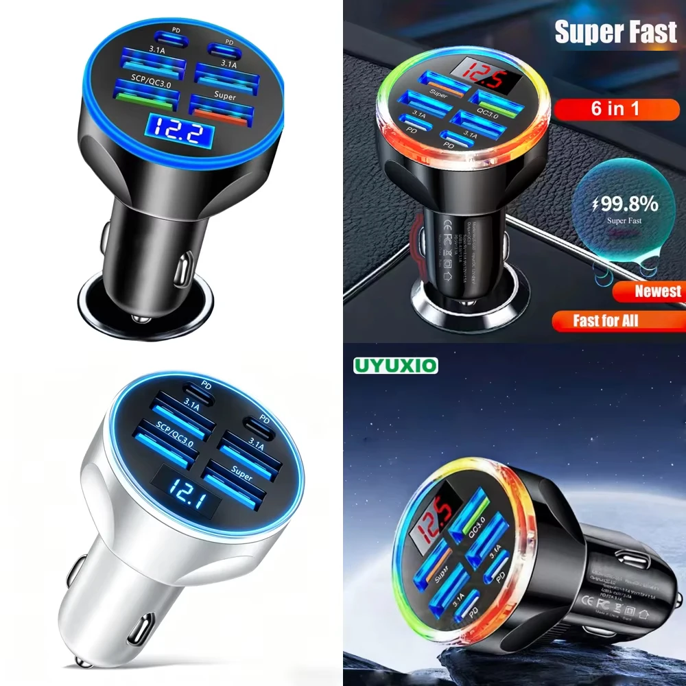Trending Products 2026 USB Car Charger 4 PD 4 USB a with Voltage Display Multi Port  Super Fast Charge Adapter with Volt Meter