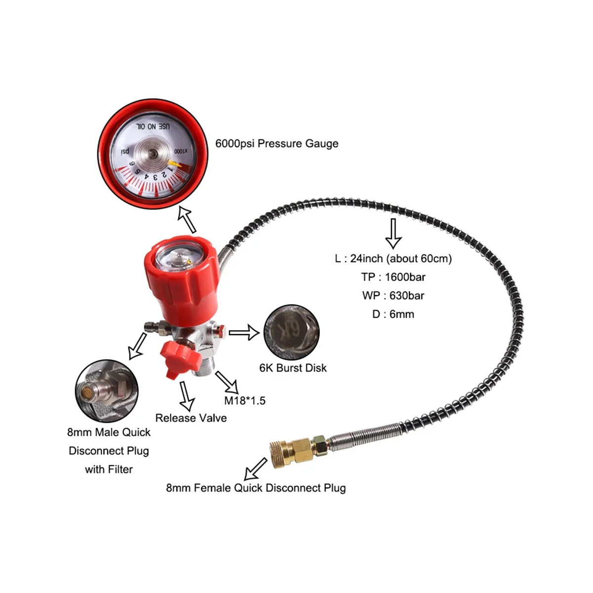 

Манометр и заполняющая станция для сжатого воздуха CO2, бак высокого давления на 6000psi, адаптер быстрого отключения 6 мм, черный + красный