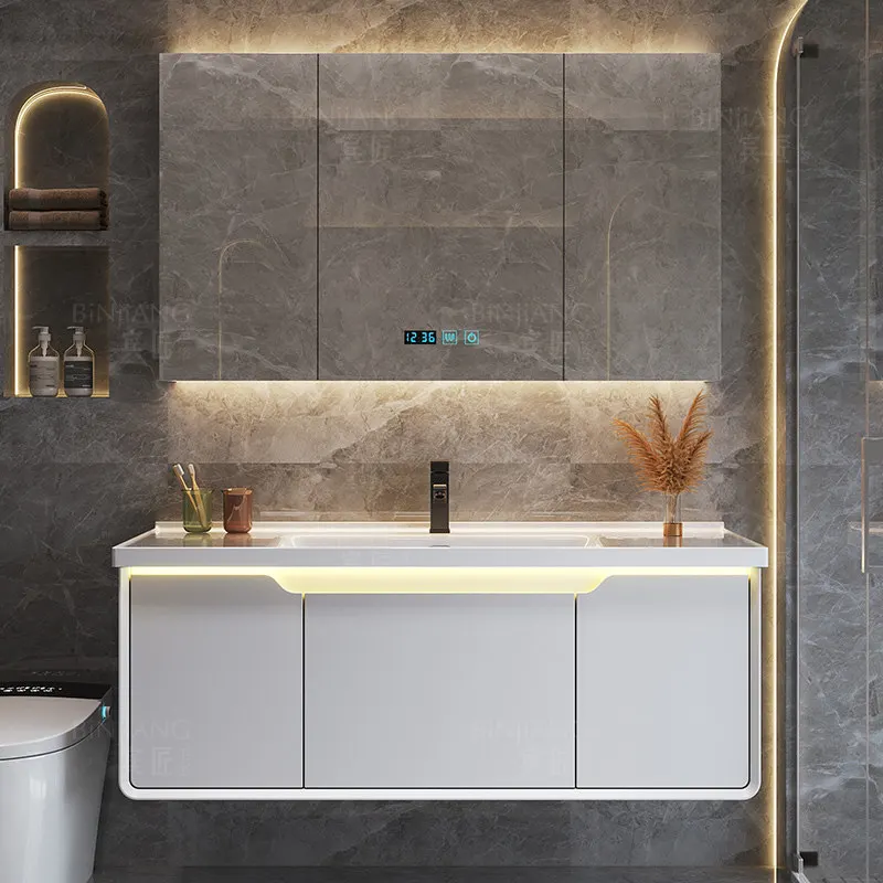 

Modern simple ceramic integrated basin bathroom cabinet combination light luxury solid wood bathroom washstand