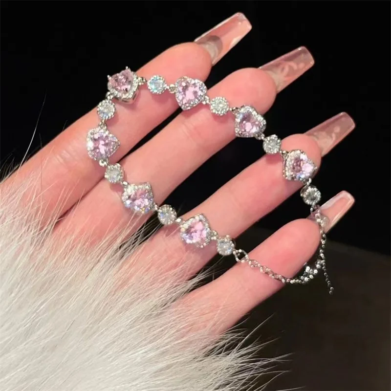 Luxury Pink Stone Heart Bracelet For Girlfriend Valentine\'s Day Gift Top Quality S925 Bracelet Women Jewelry