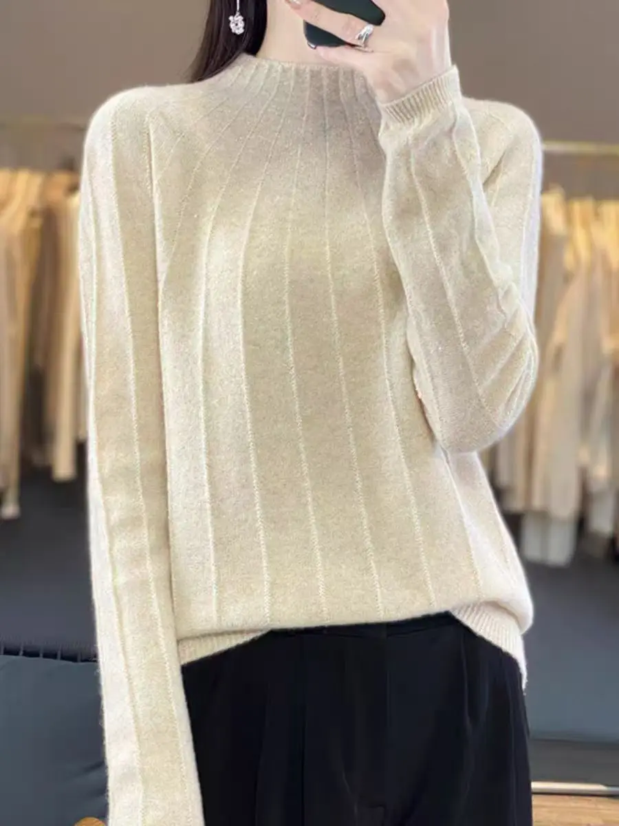 Cashmere sweater women's half height round neck gold and silver silk pullover sweater autumn and winter wool base sweater