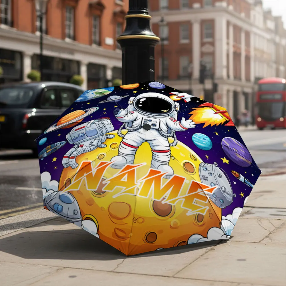 Custom Name umbrella, Astronauts in Space with Planets & Rockets Fashion Folding Umbrella for Sunny and Rainy Days, Gift