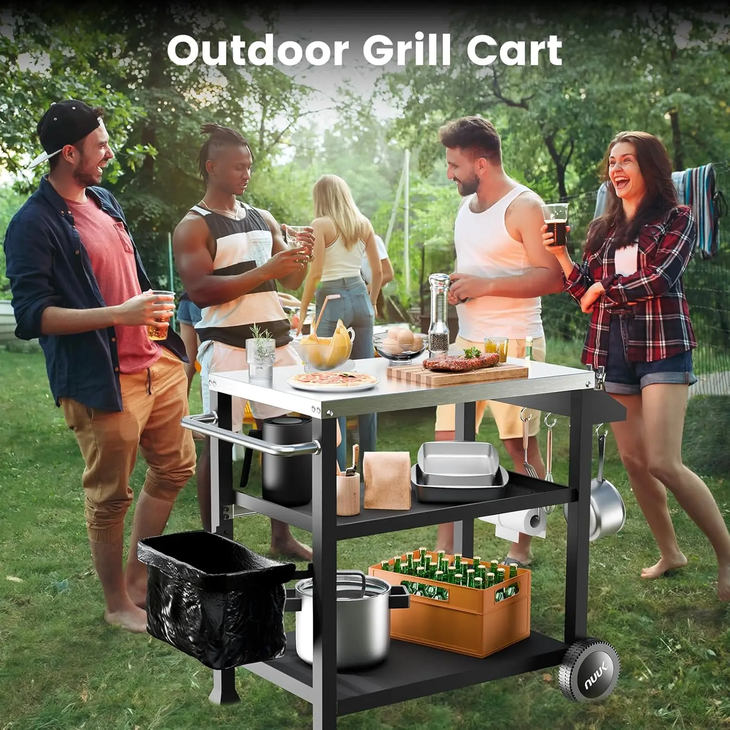 Grillwagen mit 3 Regalen und Edelstahlplatte – 20" x 32" mobiler Outdoor-Küchentisch für Pizzaofen, Lebensmittelzubereitung und Esszimmer