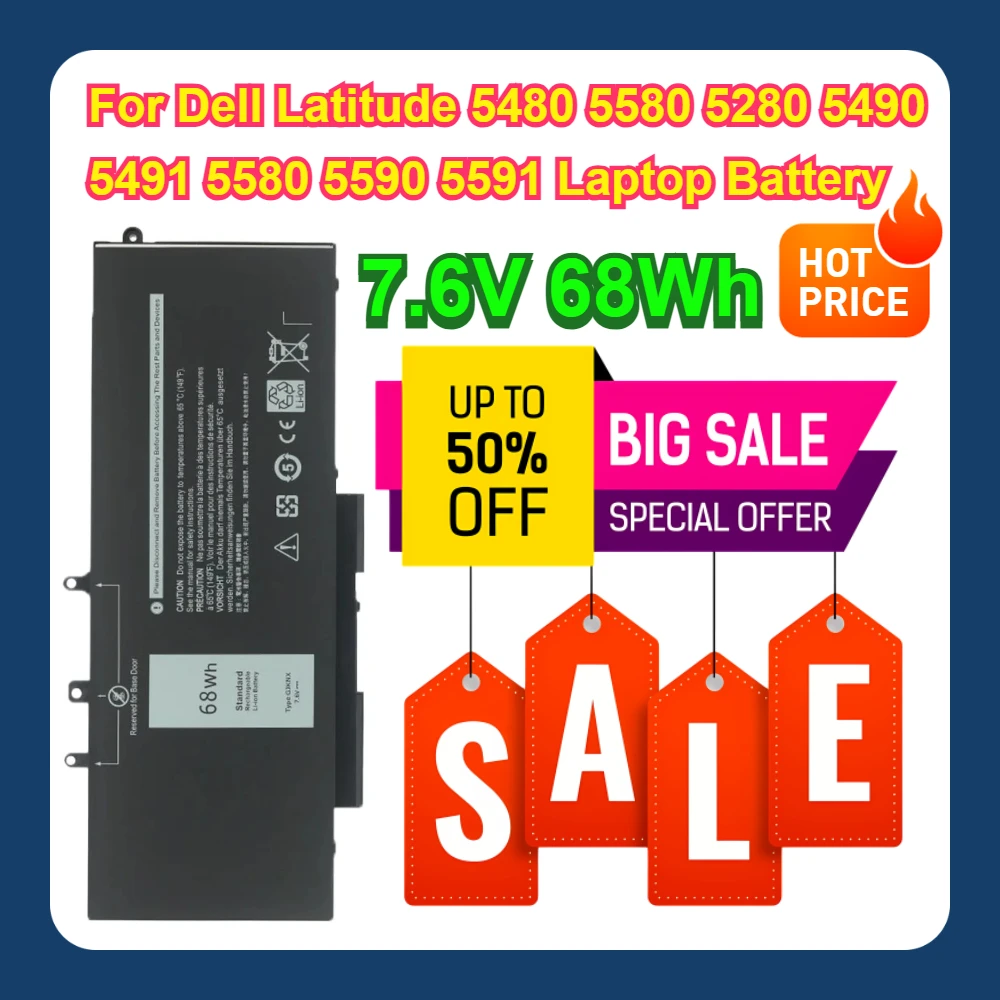 

7.6V 68Wh For Dell Latitude 5480 5580 5280 5490 5491 5580 5590 5591 Laptop Battery