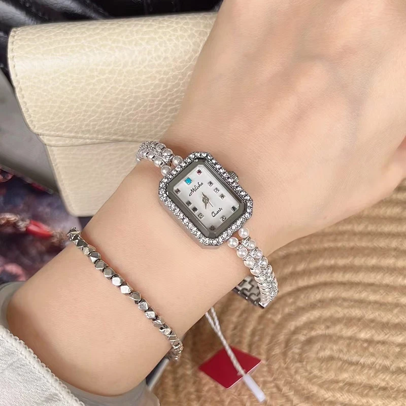 Premium Selection Of WatchesSquare Women'S Watch With Pearl DialMini Bracelet High-End Seven-Color Stone Fashionable Silver Pink