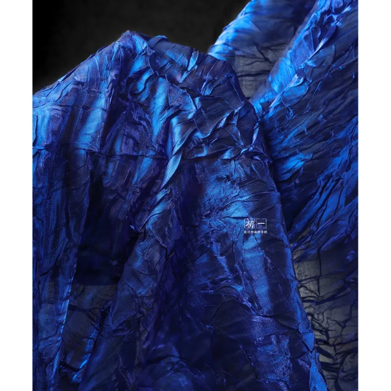 Deep Blue Water Ripple Crepe Creative Irregular Folding Wave Texture Mesh Skirt Clothing Designer Fabric