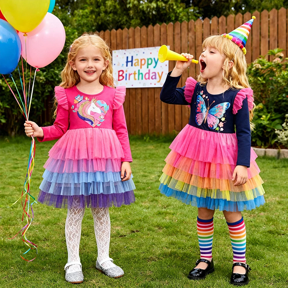 DXTON Toddler Birthday Party Costumes Butterfly Mesh Ruffled Children Princess Tutu Dress Tulle Gradient Layer Cake Girls Dress