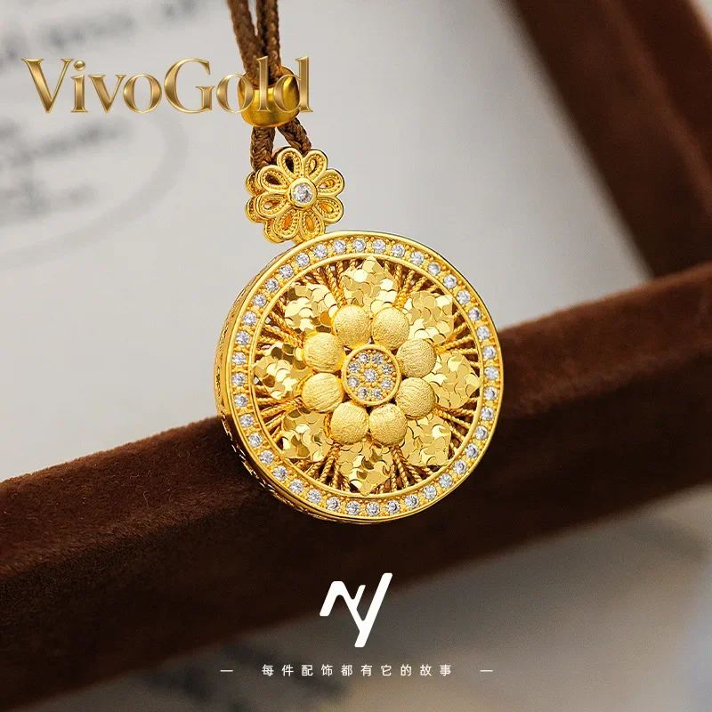 VivoGoldNew Chinese Style Diamond-set 9999 24K Real Gold Compass Necklace Brushed Double-Layer Braided Autumn and Winter Sweater