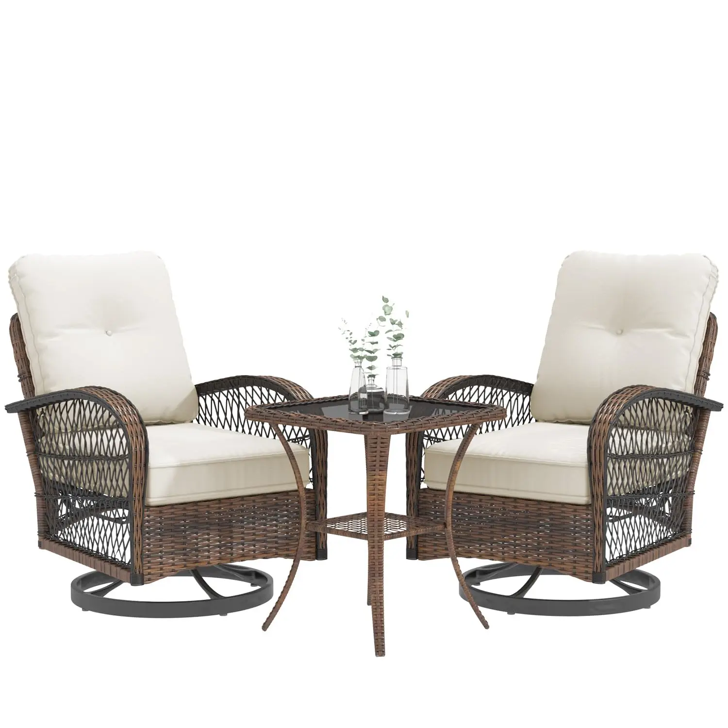 Outdoor Swivel Rocker Wicker Patio Bistro Set With Thickened Cushions & Glass Coffee Table For Backyard Garden, Customized