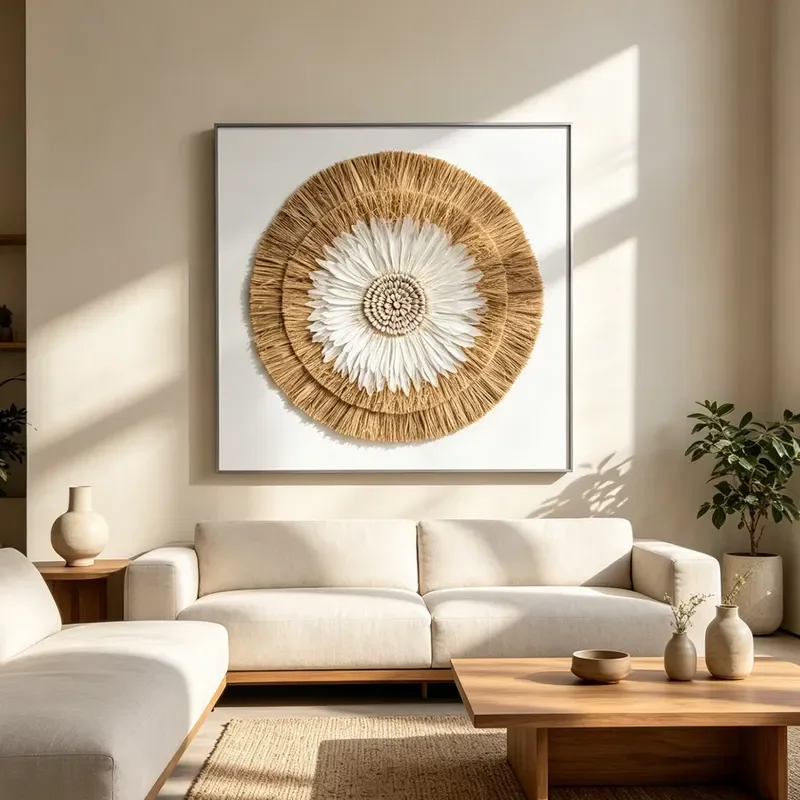 Art Deco Handmade Raffia Grass 3D Square Wall Art with Aluminum Alloy Frame Wall Decor for Living Room