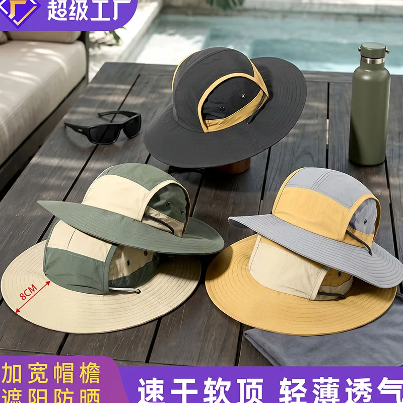 Quick Dry Bucket Hats Color‑blocked Anti-splashing Outdoor Sun Hat Summer Breathable Large Brim Sun Protection Fishing Cap Male