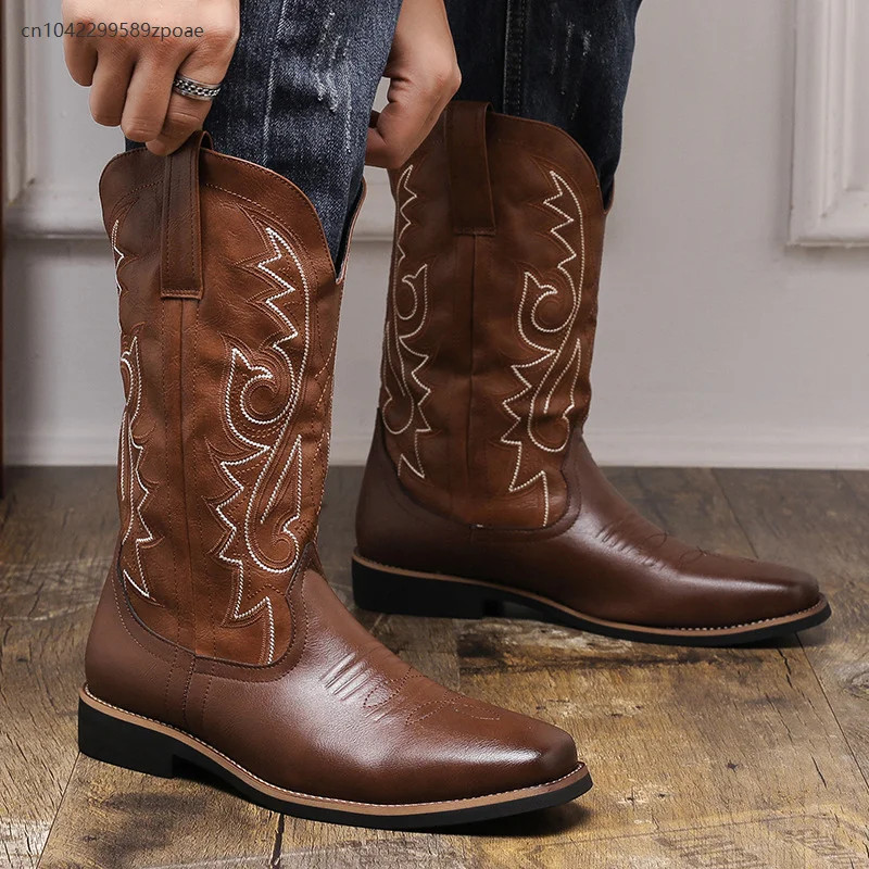 Vintage Men's Autumn Western Cowboy Work Boots Embroidered Long Zipper Side Riding Bootes Pu Leather Cosplay Warrior Boot Shoes
