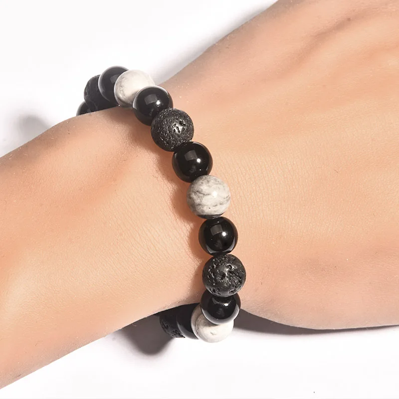 10mm Volcano Stone Black Agate Map Stone Beaded Bracelet For Men Handmade Stretch Bracelet Jewelry Gift