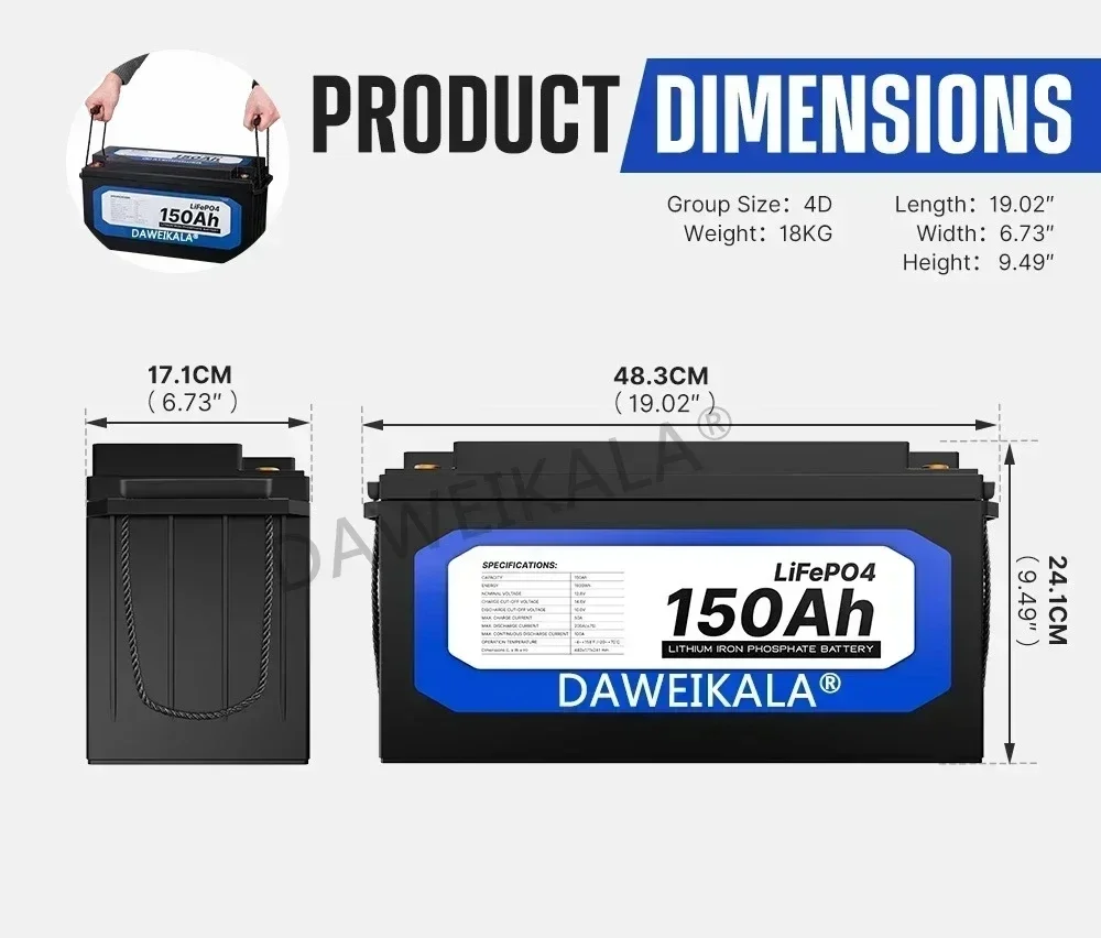 12V 150Ah LiFePO4 Battery Lithium Iron Phosphate Battery Built-in BMS for Solar Power System RV House Trolling Motor