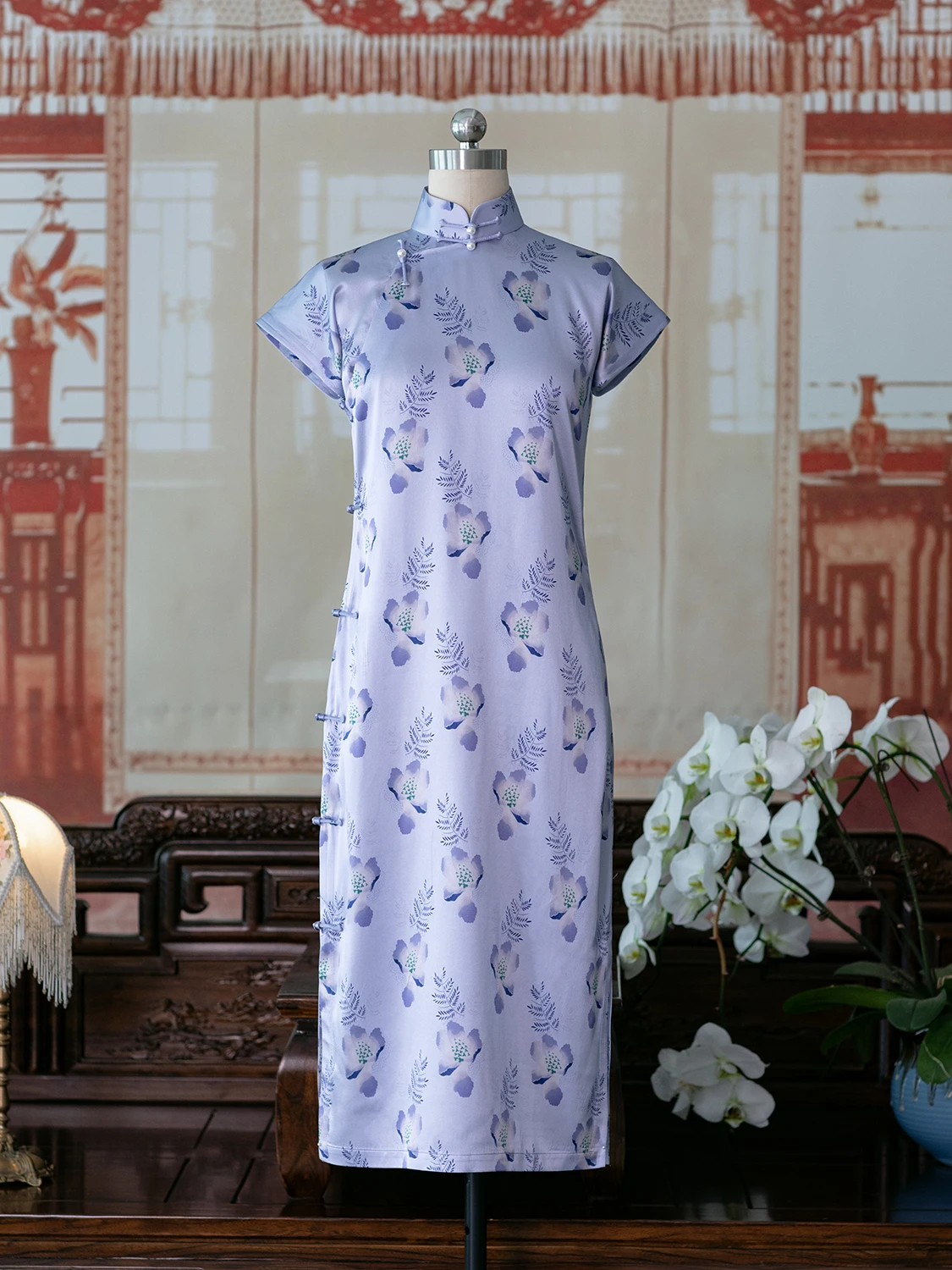 

Шелковое платье в ретро-китайском стиле с длинными рукавами, принтом и низким разрезом, в стиле национальной моды, для повседневной носки