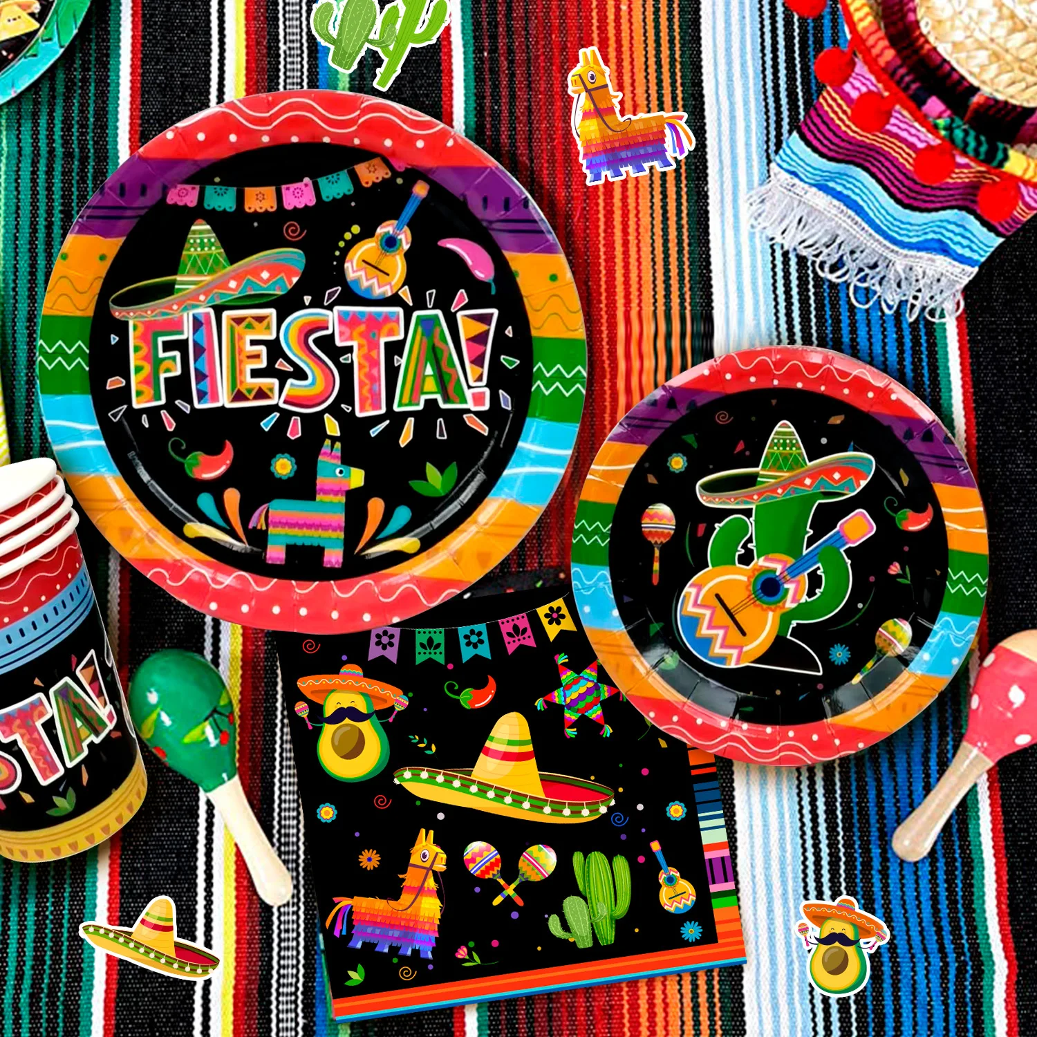 Mexican Themed Fiesta Party Supplies,90pcs Paper Tableware Set Includes Mexican Fiesta Plates Cups Napkins etc for 20 Guests