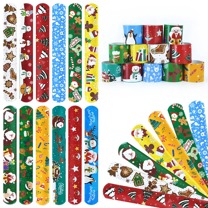 

12pcs Christmas Slap Bracelets Cartoon Santa Claus Snowman Elk Bracelet Kids Toys Xmas Party Supplies Christmas Decor Kids Favor