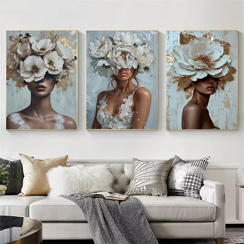 3pcs Beautiful Women Flower Canvas Pictures Wall Art Paintings, Posters, Printed Materials, Modern Abstract Room Home Decoration
