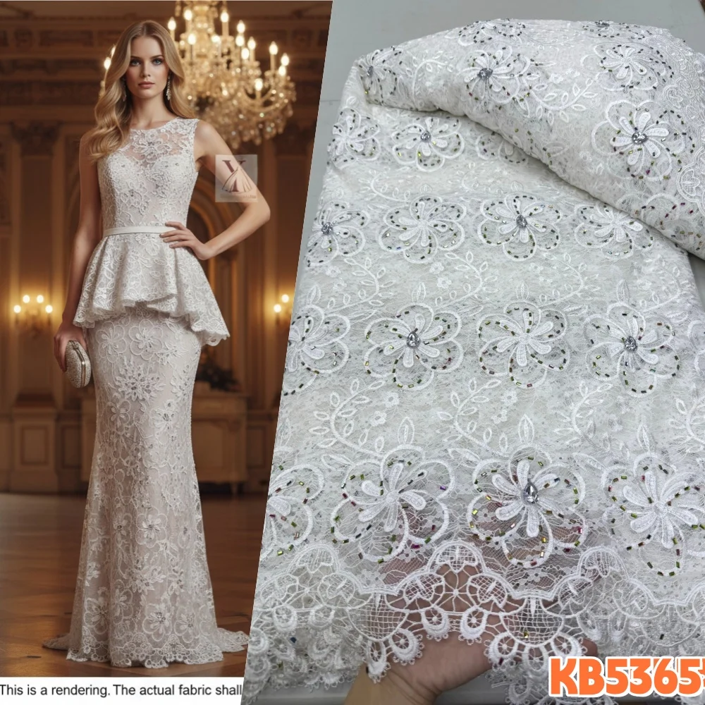 5 Yards Chantilly-Spitzenstoffe mit Perlen Afrikanische Tüllspitzenstoffe Pailletten-Stoffe für Partykleider mit Strass KB5365