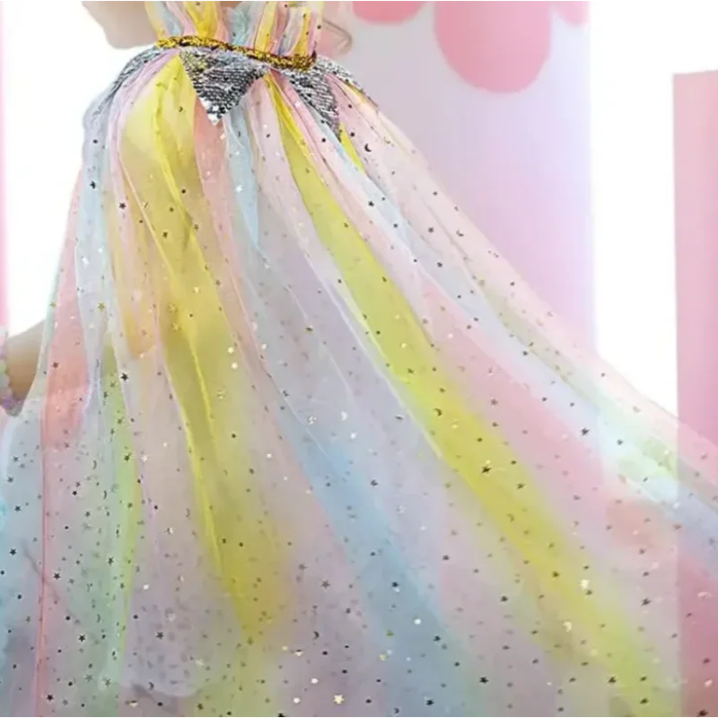 Elegant Sequin Princess Cloak Set Summer Birthday Party Fluffy A Line Queen Cape With Crown Handbag Cute Cosplay Outfit