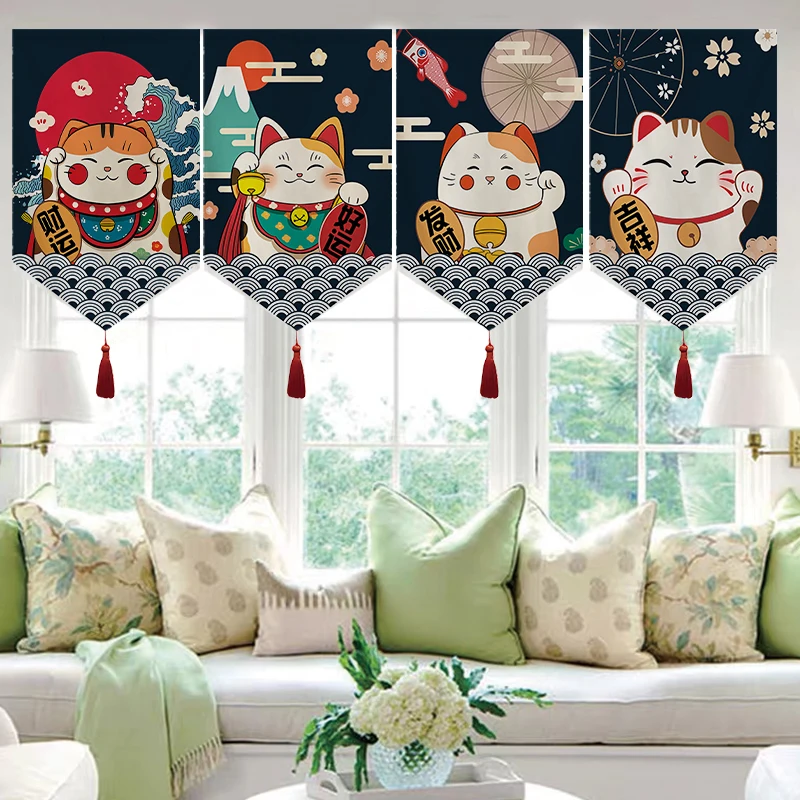 

Japanese Style Lucky Cat Pennant Noren Kitchen Partition Home Door Head Curtain Cuisine Shop Restaurant Hanging Short Curtain