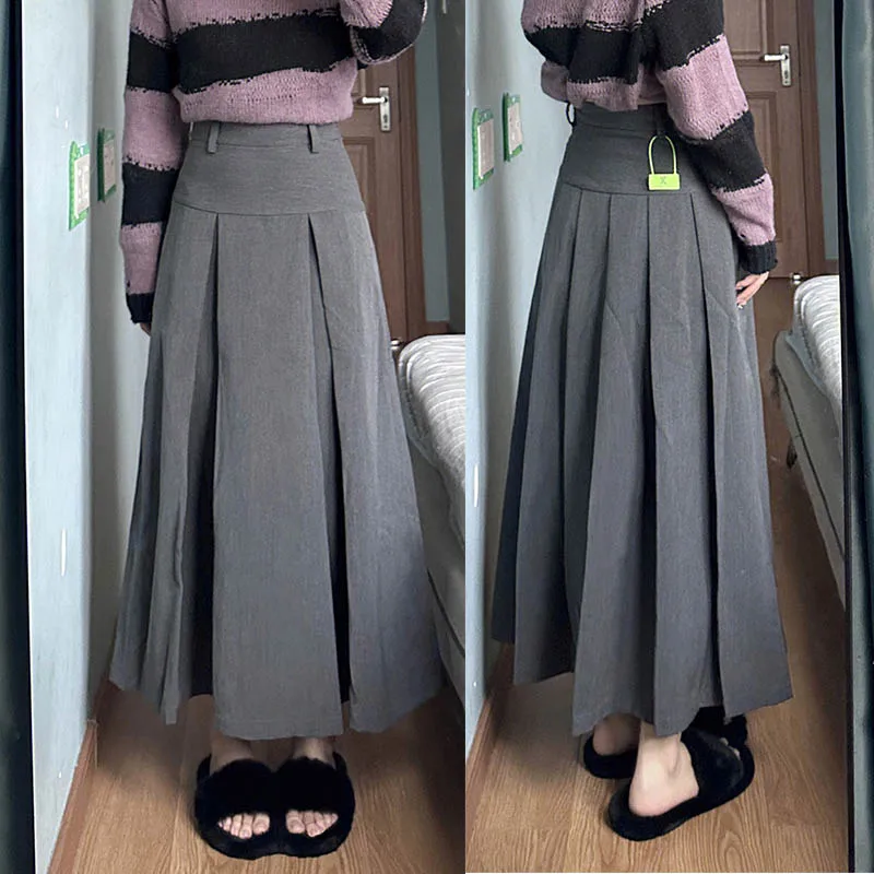 

Long Pleated Gray Skirt For Women Spring Fall New Fashion Empire Waist Solid Color Office Lady Elegant Loose Casual A-line Dress