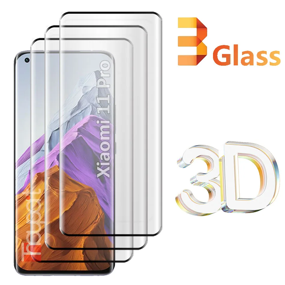 3Pcs 3D Tempered Glass For Xiaomi Mi 11 Pro Screen Protector Full Cover Film For Xiaomi 11 Ultra Glass