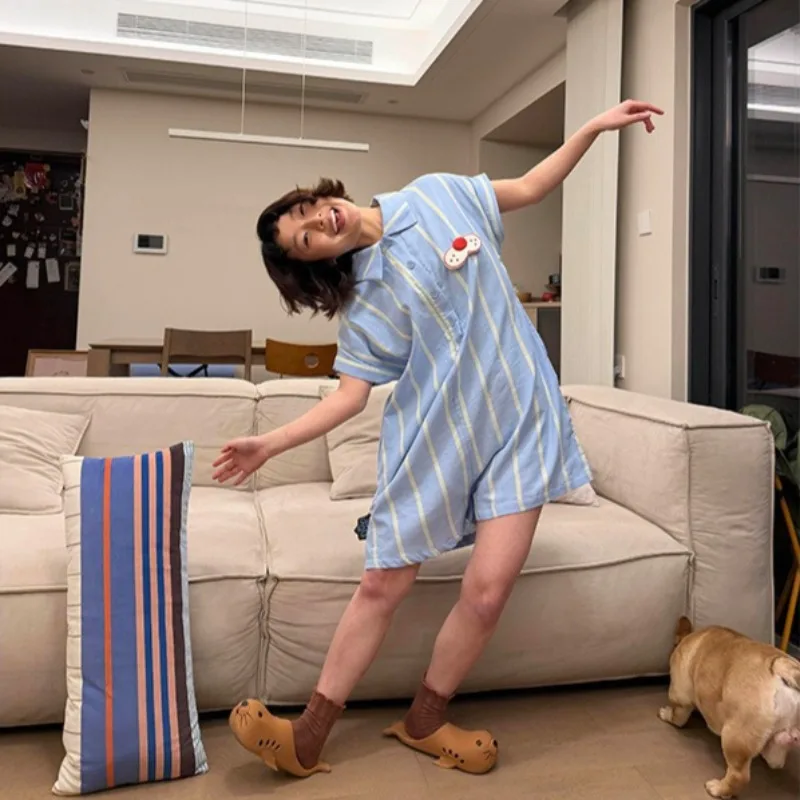 

Blue Striped Cute One-piece Pajama, Suitable for Wearing Outside Summer Casual Short-sleeve and Shorts Comfortable Loungewear