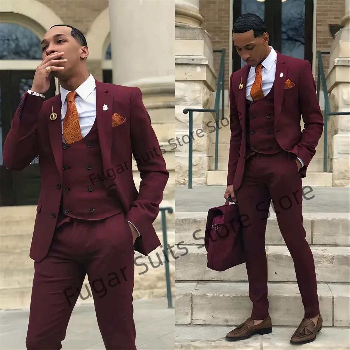 

Burgundy Wedding Men Suits Slim Fit Notched Lapel Groom Formal Tuxedos Prom 3 Pieces Sets Business Male Blazer Costume Homme