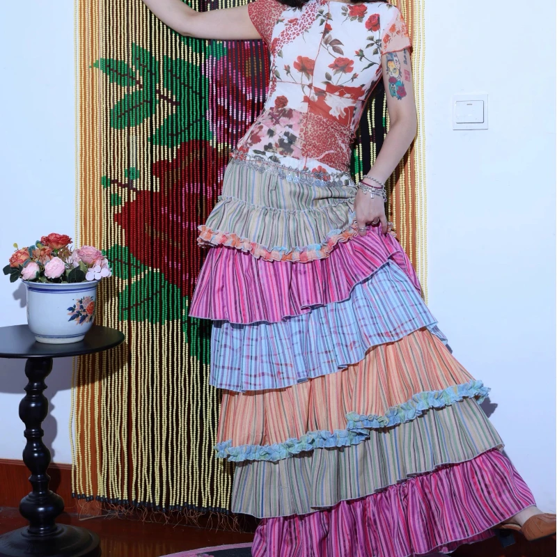 Retro Colorful Striped Splicing Lace Women's Skirt 2025 Summer New Sweet Cool Thin Fashion Level Fluffy Cake Long Skirts Ladies
