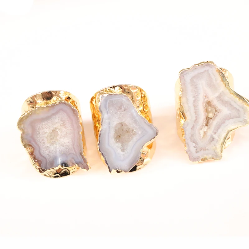 OUENGE Natural Stone Rings OG015 Irregular Geode Genuine Stone Hole Open Purple Crystal Ring for Women Adjustable 1pcs Random