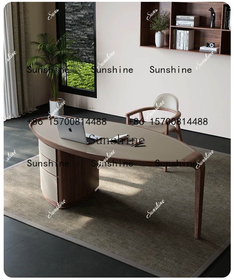 Retro solid wood saddle leather desk, high-end desk Italian study writing desk FT