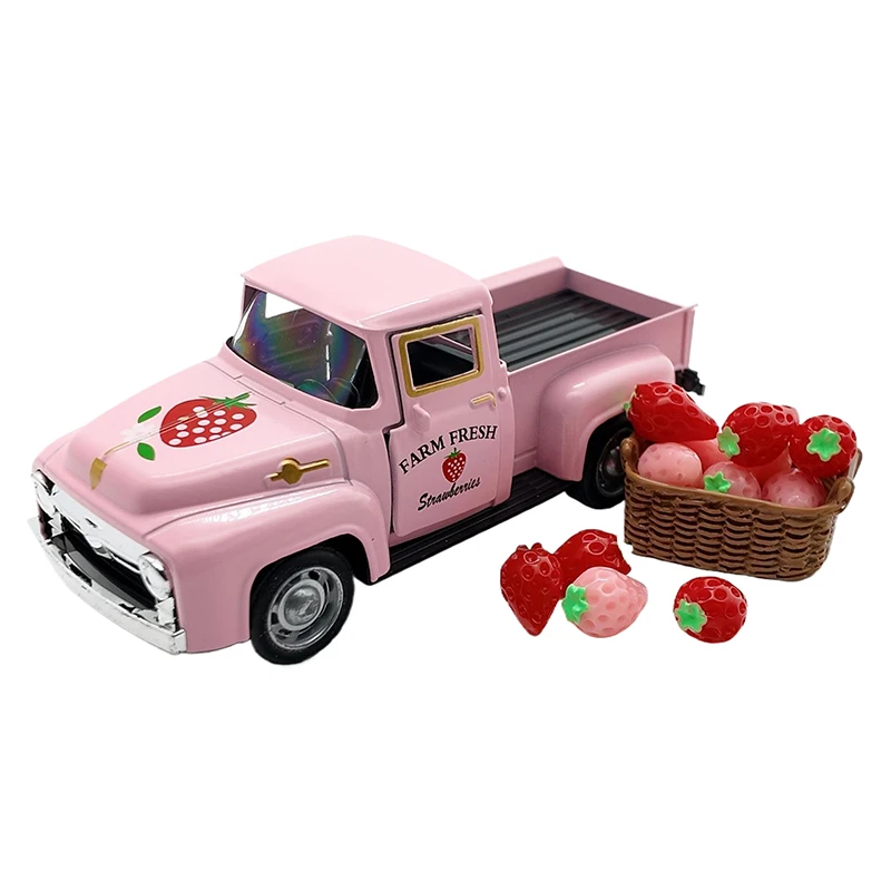 Strawberry Decor 5 Inch Vintage Truck With Mini Fake Strawberries And Wooden Crate Farmhouse Tiered Tray Decor..