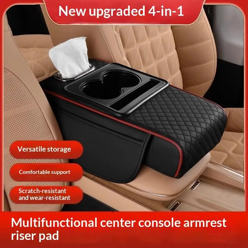 Car Armrest Heightening Cushion 1Pcs Quilted Leather Pad With Cup Holder Tissue Slot Fits Most Car Armrests