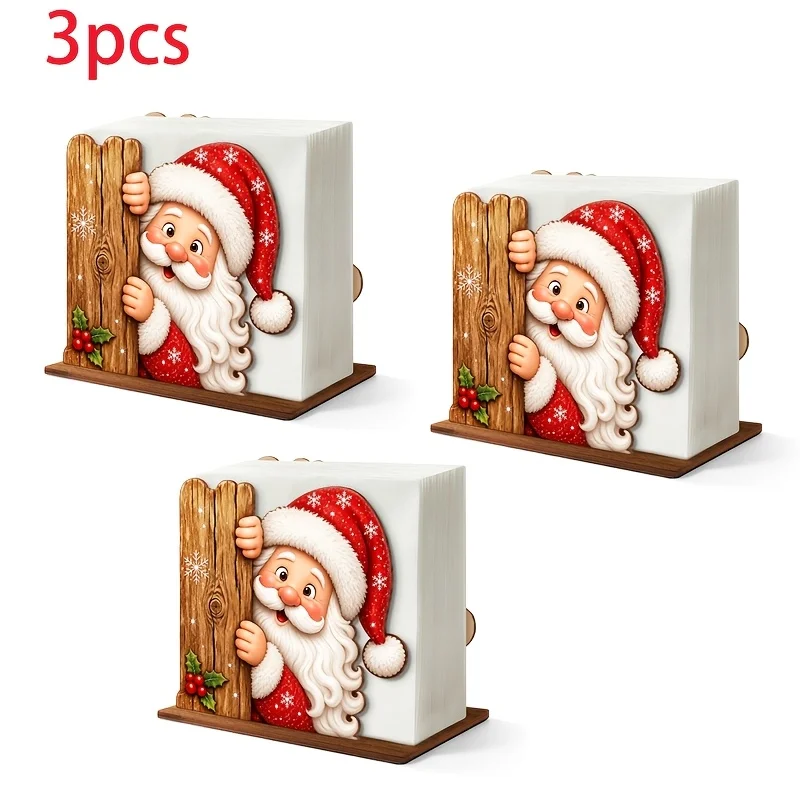 Peeking Santa Claus Wooden Napkin Holder Cute Hidden Santa Design with Snowflake Holly Berry Tissue Dispenser for Home Decor