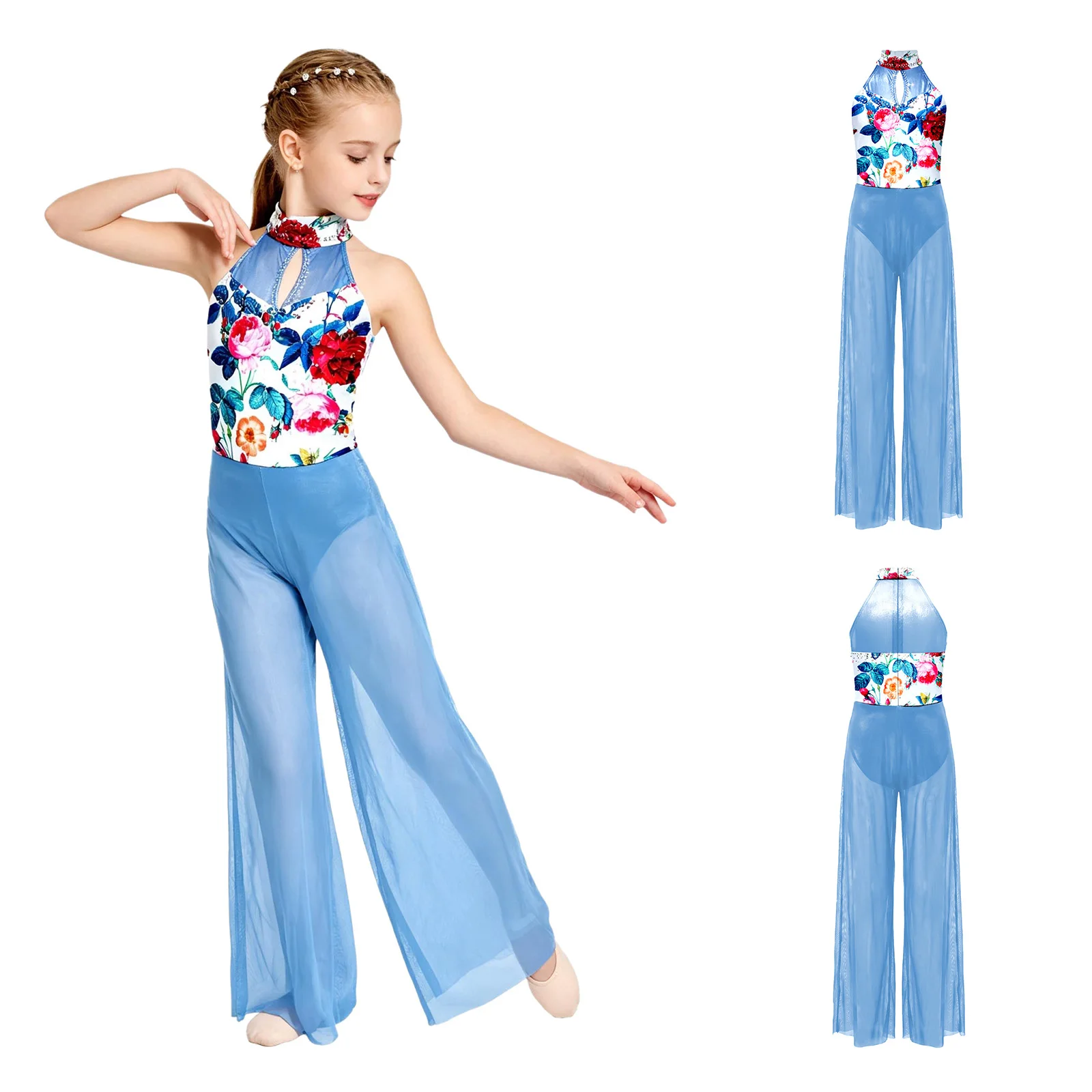 

Kids Girls Lyrical Dance Romper Sparkly Rhinestones Halter Sleeveless Long Pants Jumpsuit for Figure Skating Themed Party Wear