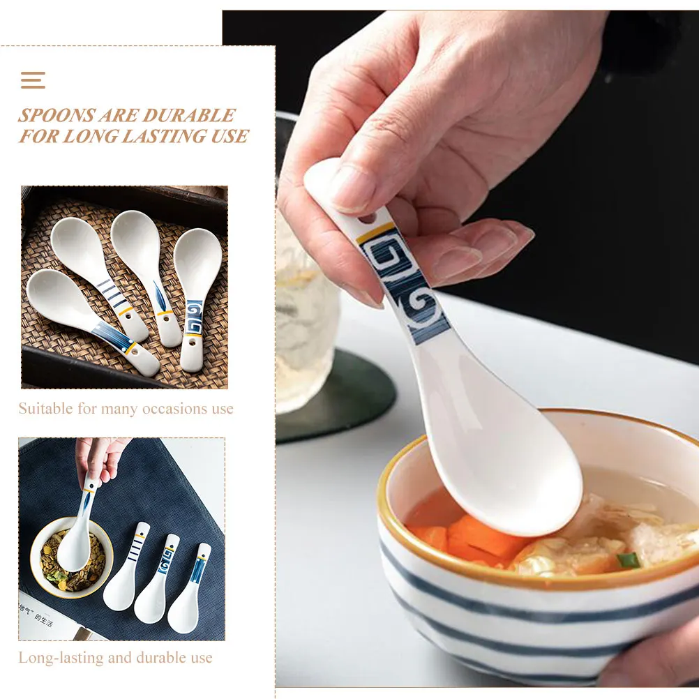 

4Pcs Ceramic Soup Spoons Multi Use Design Comfortable Handle Practical for Home Kitchen Catering Dining